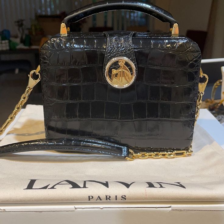 Lanvin Box Chain Minaudiere Bag Black, Croc Embossed, Gold Hardware, New Evening Crossbody Clutch With Original Box, Evening Clutch With Rectangular Case, High-end Rectangular Clutch For Formal Events, High-end Formal Evening Bag, Luxury Rectangular Clutch With Detachable Handle, High-end Top Handle Clutch For Evening, High-end Evening Clutch With Top Handle, High-end Rectangular Clutch For Formal Occasions, High-end Formal Rectangular Clutch