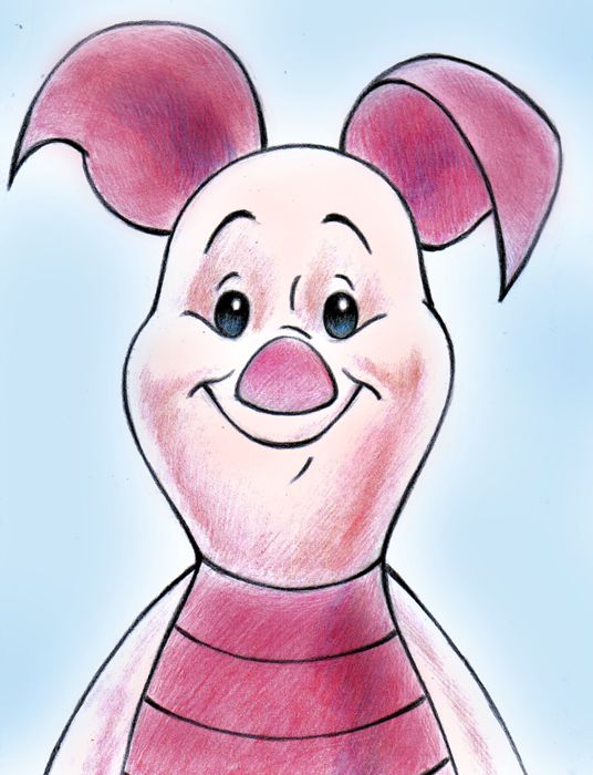 a drawing of a pink pig with big ears and a striped shirt on it's chest