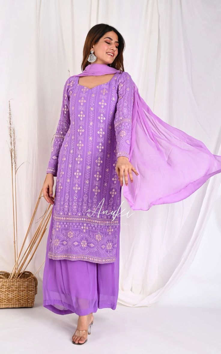 Lavender Chikankari Suit Set Lavender Color Dress, Chikankari Suits, Georgette Dupatta, Indian Gowns Dresses, Indian Gowns, Dress Indian Style, Dreamy Dress, Lavender Color, Suit Set