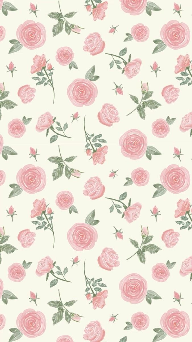 a pink rose pattern with green leaves on a white background, for fabric or wallpaper