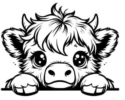 a black and white cow with big eyes peeking over a sign