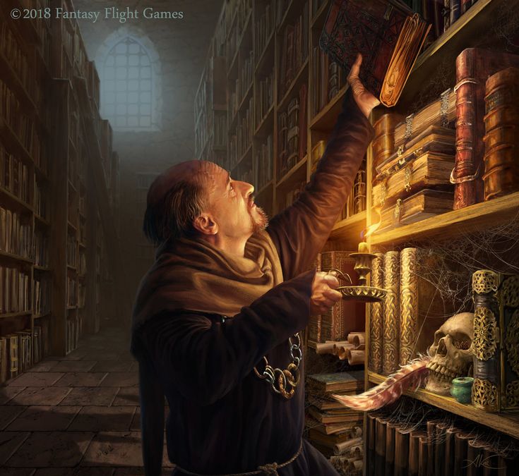 a painting of a man in a library reaching for books on the shelves with his hands