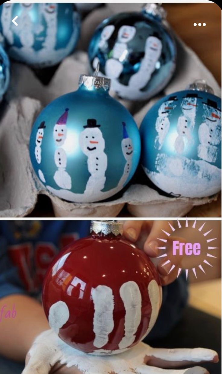 two pictures of christmas ornaments with snowmen on them and one has an ornament in the shape of a hand