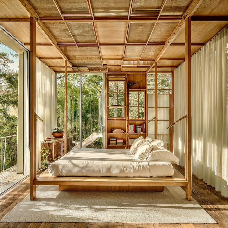 a bed sitting inside of a bedroom on top of a wooden floor next to a window