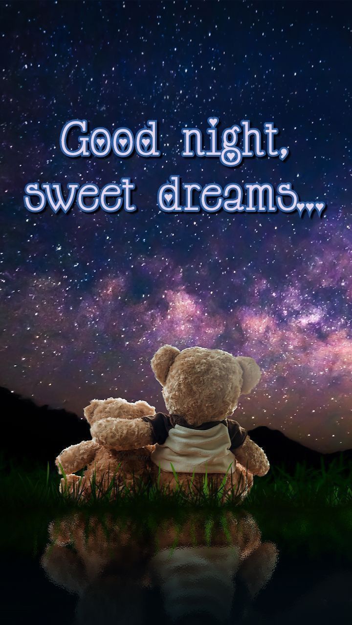 two teddy bears sitting in the grass under a night sky with stars above them and an inscription that reads good night, sweet dreams