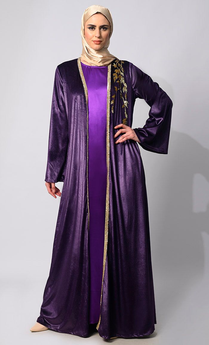 women wearing Velvet Dreams: Elegant Purple Handwork Shrug with Lining Elegant Embroidered Velvet Dress, Fitted Long Sleeve Abaya For Festive Occasions, Festive Silk Abaya For Wedding, Silk Abaya For Wedding And Festive Occasions, Elegant Embroidered Abaya For Festive Occasions, Purple Sets For Fall Party, Fitted Long Festive Abaya, Fitted Long Abaya For Festive Season, Fitted Long Abaya For Festive Occasions