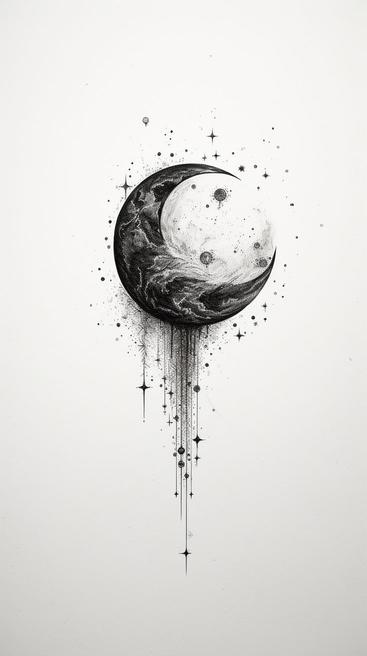 an artistic drawing of a crescent with stars and moon on the side, in black and white