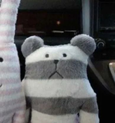 two stuffed animals sitting in the front seat of a car, one is wearing a striped sweater