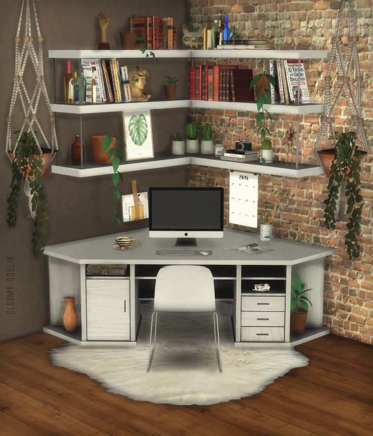 a computer desk sitting on top of a wooden floor next to a book shelf filled with books