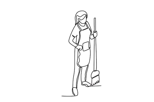 a line drawing of a woman with a broom and dustpan