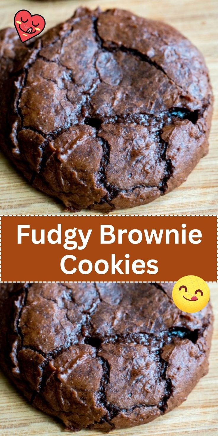 two chocolate fudge brownie cookies on top of a wooden table