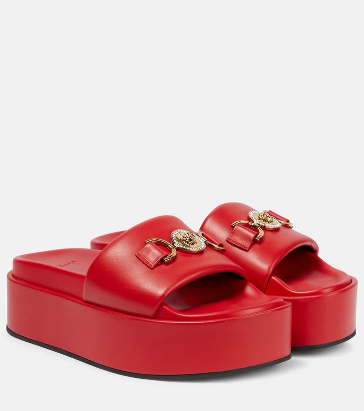 Medusa 95 Leather Platform Slides in Red - Versace | Mytheresa Versace Sandals, Casual Ballet Flats, Red Slides, Versace Gold, Versace Shoes, Designer Pumps, Sheepskin Boots, Platform Slides, Cute Sandals