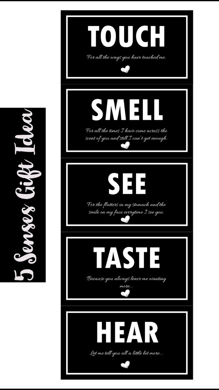 three black and white signs that say to touch, smell, see, taste hear