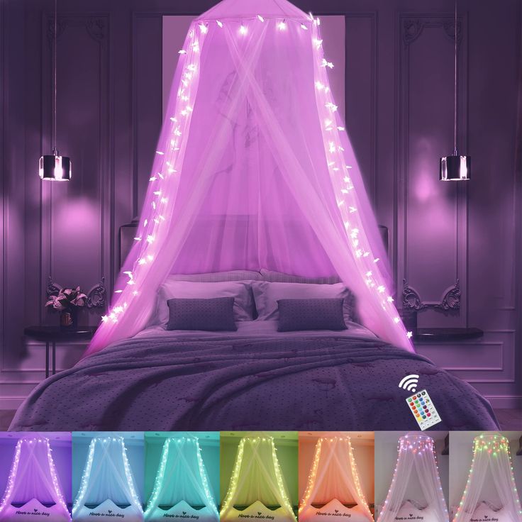 PRICES MAY VARY. 【2021 Brand New Color Changing Design】This princess bed Canopy is an updated design in 2021. There are 100 LED star lights with 16 single solid colors and 8 solid two-color options and 7 dynamic multicolor modes. Pink for princess, blue for Brave knight, purple for queen, multi-color for Christmas party decor etc. 【Gift For Girls】This gift packaging starry bed canopy will surprise your girls and boys. There are 100 shining stars accompany you to sleep, which illuminates the bedr Light Pink Led Bedroom, Canopy Bed With Led Strip Lights, Tents Aesthetic, Bed Netting Canopy, White Bed Canopy, Pink Bed Canopy, Bed Canopy With Lights, Princess Curtains, Bed Netting