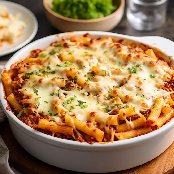 a white dish filled with pasta and sauce on top of a wooden table next to other dishes