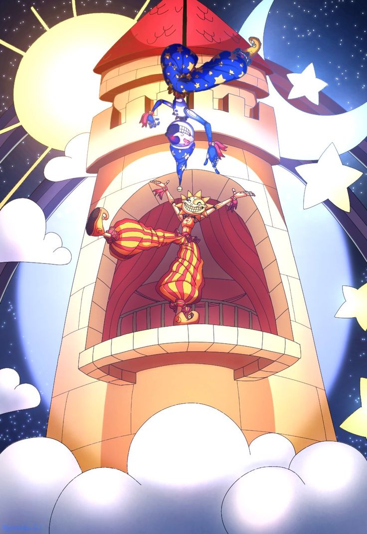 an animated image of two people on top of a tower with stars and moon in the background