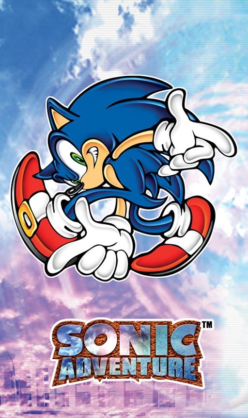 the sonic adventure logo is shown in front of a blue sky with clouds and buildings