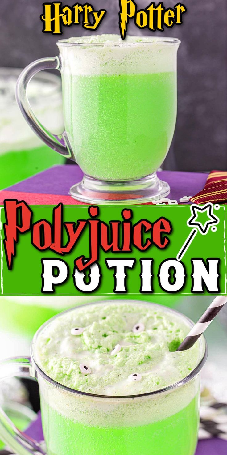 a green drink in a glass mug with the words harry potter on it and an image of