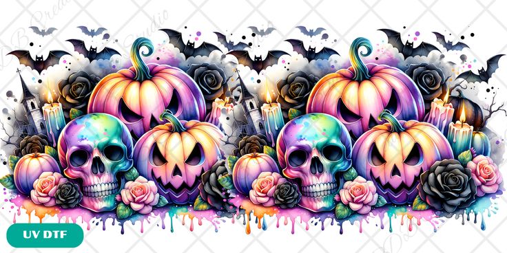 halloween pumpkins with skulls and roses on them, painted in watercolor by hand