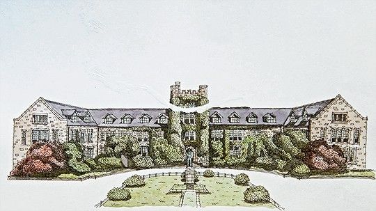 a drawing of a large building with trees and bushes around it's front entrance