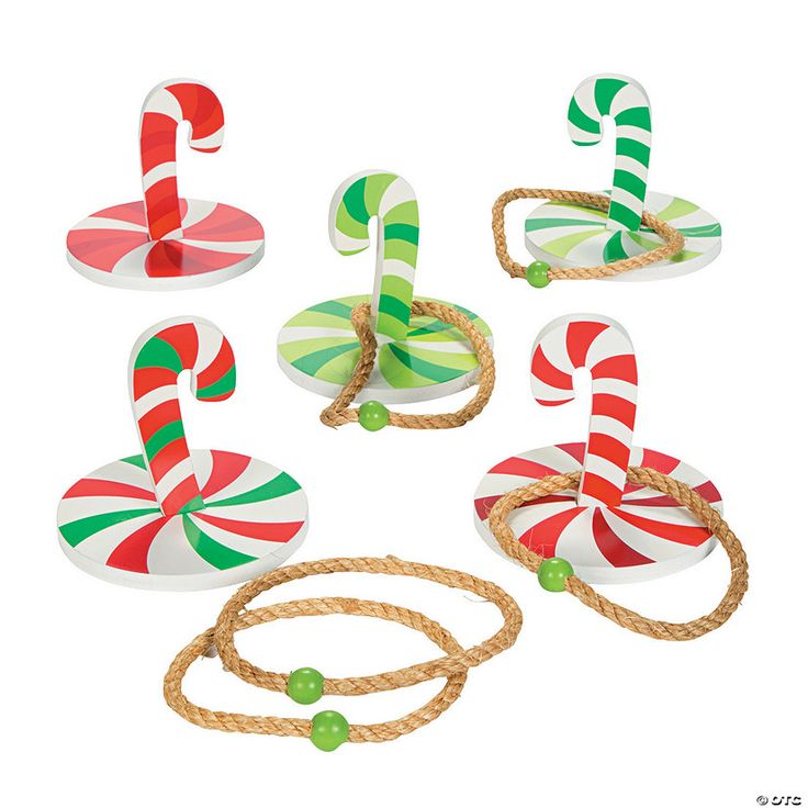 a group of candy canes tied to ropes