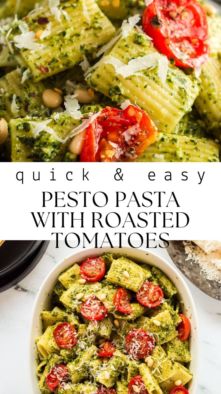 pesto pasta with roasted tomatoes and parmesan cheese