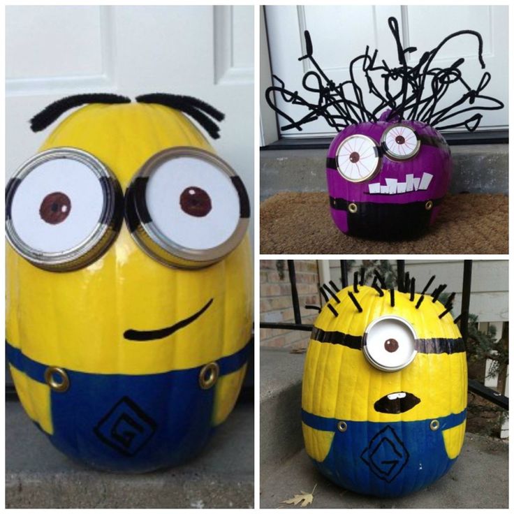 three pictures of the same yellow and purple pumpkin with googly eyes, one has an evil look on it's face