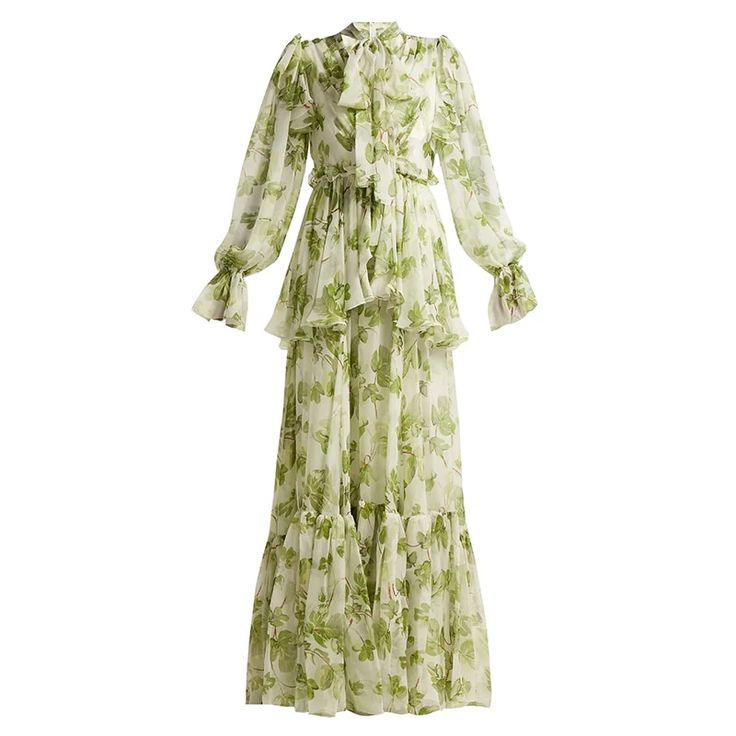 Dresses Design, Ruffles Fashion, Chiffon Gown, Green Flower, Lantern Sleeve, Bohemian Dress, Print Chiffon, Sleeves (women), Leaf Print