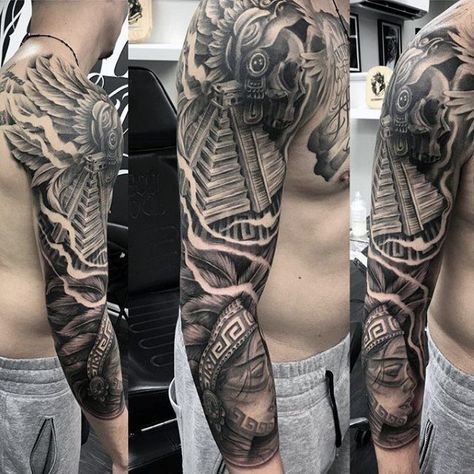 three different views of a man's half sleeve with tattoos on his arm and shoulder