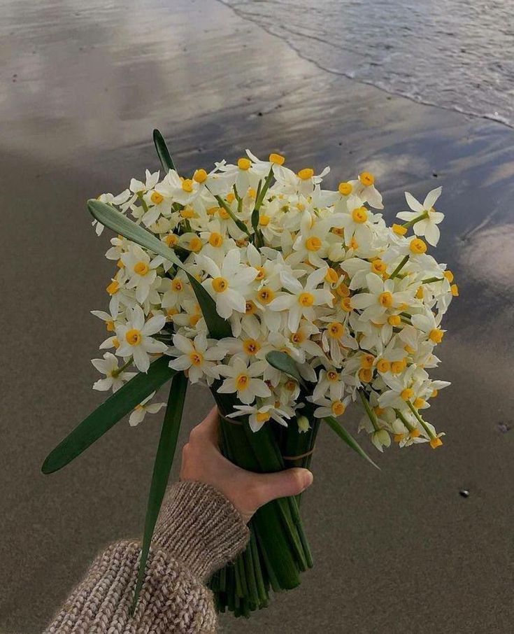 a person holding a bouquet of white flowers on the beach with water in the background