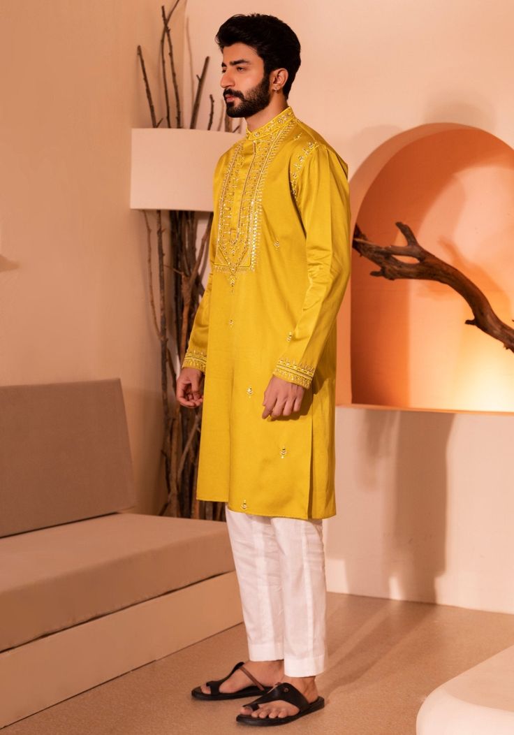 Mustard Yellow Silk Kurta Set Shreyansh - Fabilicious Fashion Semi-stitched Raw Silk Kurta With Dabka Work, Designer Dabka Work Kurta In Chinon, Designer Dabka Kurta In Chinon, Unstitched Resham Embroidered Kurta, Designer Chanderi Kurta With Dabka Work, Festival Sherwani With Dabka Work In Chinon, Embroidered Chinon Sherwani For Festive Occasions, Festive Embroidered Sherwani In Chinon, Navratri Dabka Kurta In Chinon