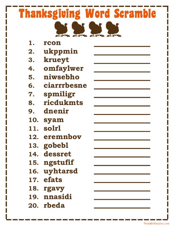 thanksgiving word scramble with turkeys on it and the words that are in each language