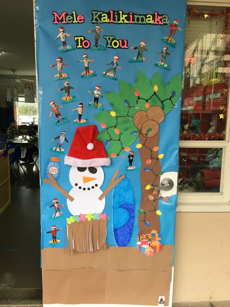 a bulletin board with a snowman on it and other decorations in front of the door