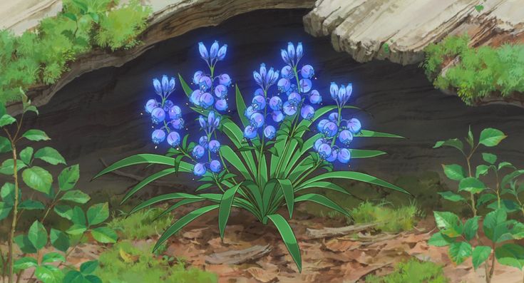 a painting of blue flowers in front of a cave