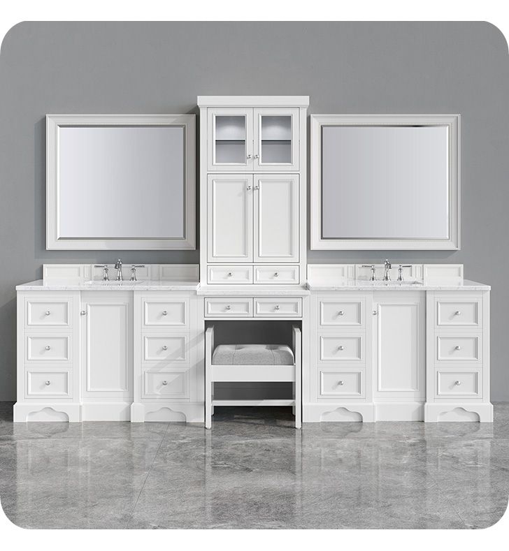 a white bathroom vanity with two mirrors above it and an open cabinet below the sink