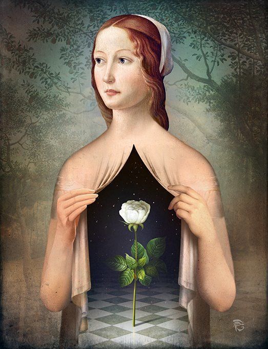 a painting of a woman holding a white rose