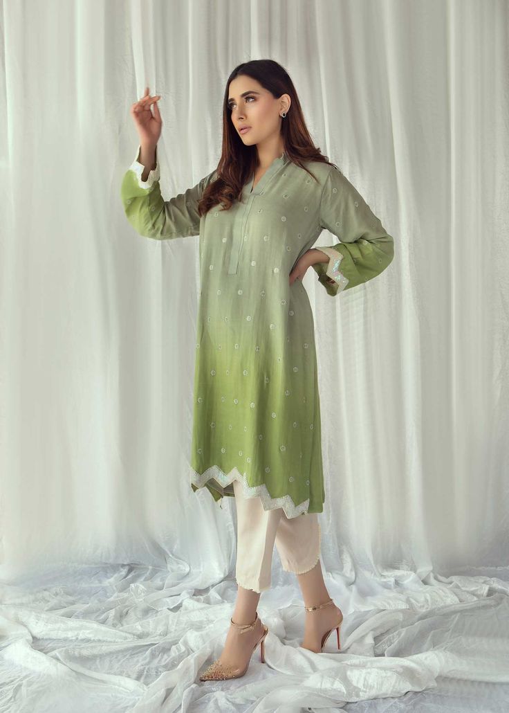 Green Ombre Kurta – Purple Haze Design Studio Cotton Silk Kurta With Embroidered Sleeves, Eid Cotton Silk Tops With Resham Embroidery, Long Sleeve Cotton Silk Kurta With Embroidered Sleeves, Eid Cotton Silk Kurta With Embroidered Sleeves, Embroidered Cotton Silk Kurta For Summer, Summer Embroidered Cotton Silk Kurta, Designer Green Kurta With Embroidered Sleeves, Summer Cotton Silk Kurta With Mirror Work, Festive Cotton Kurta With Embroidered Sleeves