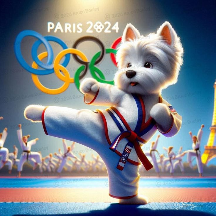 a white dog is doing karate in front of the eiffel tower and paris olympics logo