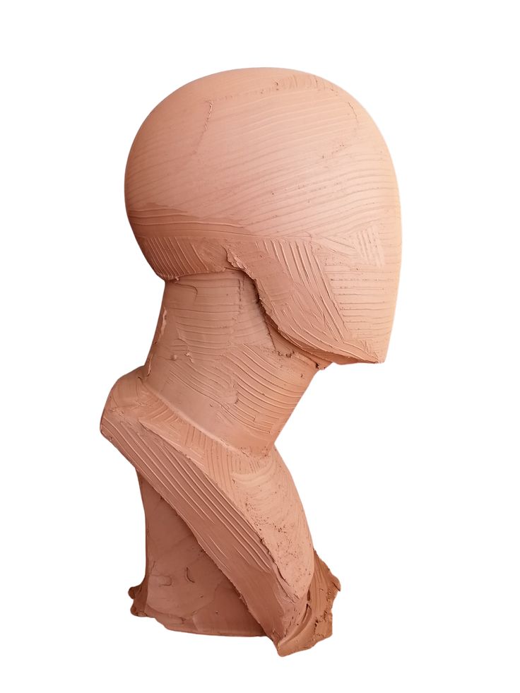 a clay sculpture of a human head on a white background