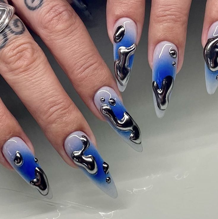 Chrome Nails Designs, Airbrush Nails, Edgy Nails, Grunge Nails, Classy Acrylic Nails, Her Nails, Silver Nails, Fire Nails, Funky Nails