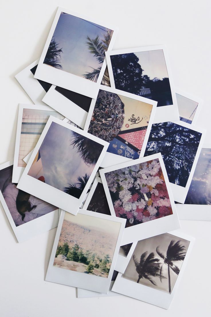 many polaroid photos are arranged on top of each other with palm trees in the background