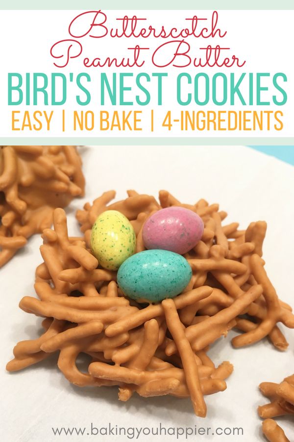 some kind of bird's nest cookies with eggs in it and the words butterscotch peanut butter birds nest cookies easy no bake 4 ingredients