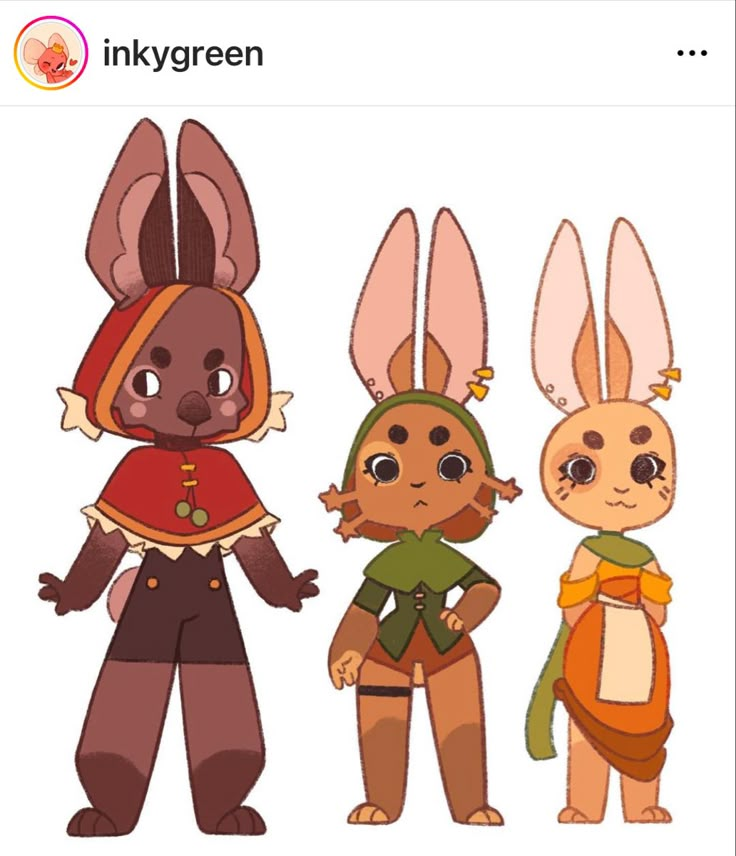 three cartoon rabbits standing next to each other