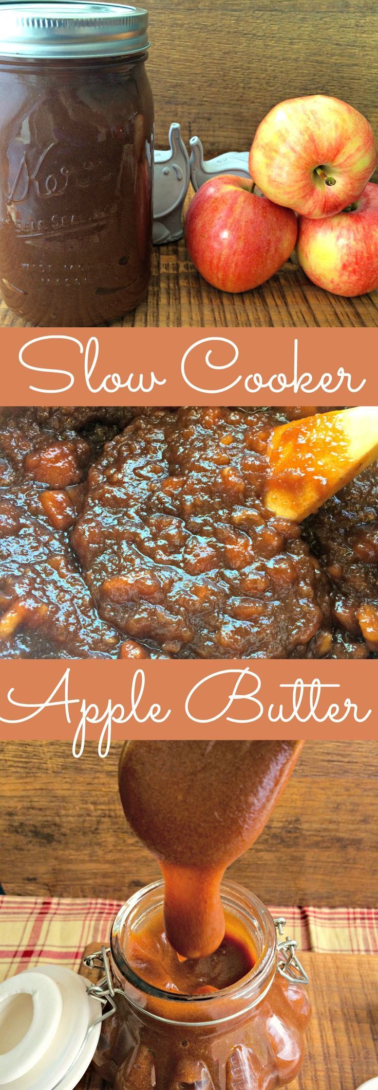 an apple butter caramel slow cooker recipe with apples in the background and on top