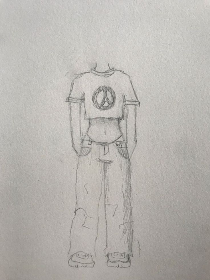 a drawing of a person standing with their back to the camera and peace sign on his t - shirt