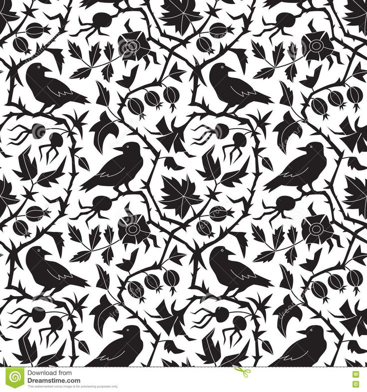 seamless black and white pattern with birds on branches, flowers and leaves in the background