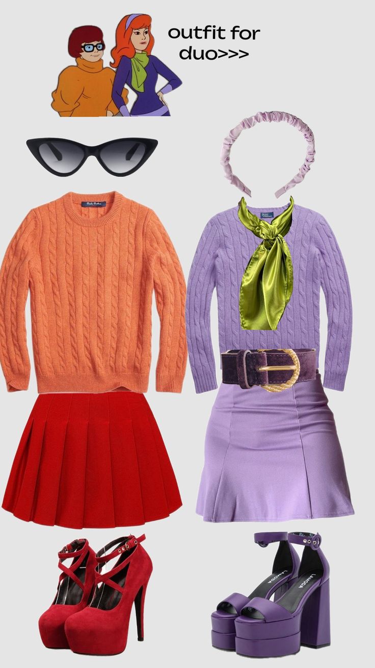 four different outfits with high heels and sunglasses on top of each other, including an orange sweater