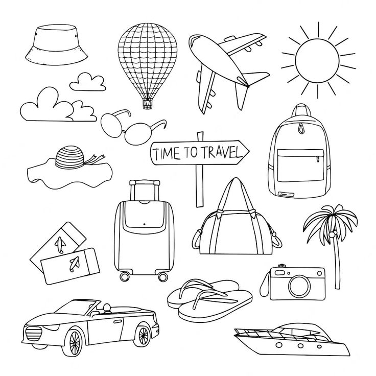 a black and white drawing of travel related items with the words time to travel on them