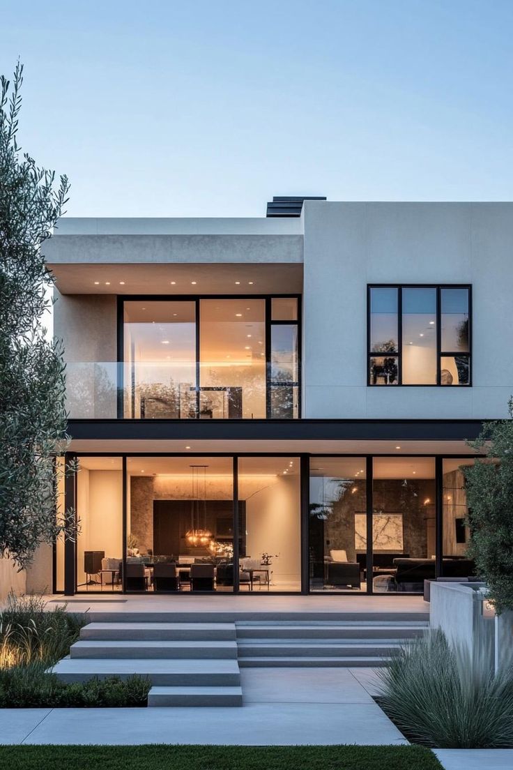 a modern house with large windows and steps leading up to it