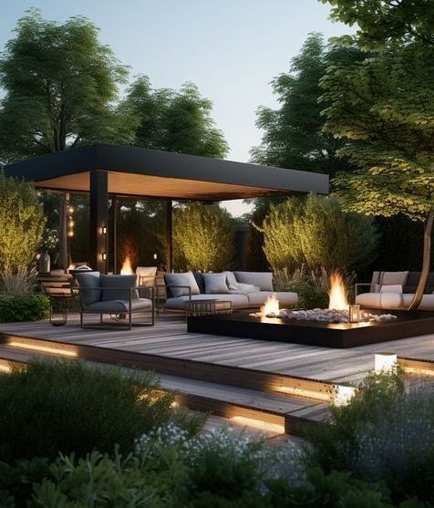 an outdoor living area with couches and fire pit in the center, surrounded by greenery